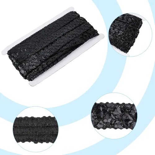 Miniatura 5 de GORGECRAFT Cinta de lentejuelas negras de 0.78 pulgadas (14 yardas) con purpurina y lentejuelas de encaje, tiras de lentejuelas de 3 filas, rollo