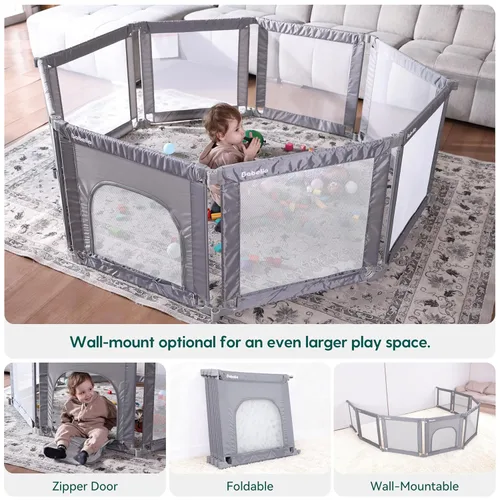 Miniatura 2 de Babelio Corralito plegable para bebés y niños pequeños, forma y área ajustables, corralito con puerta con cremallera, valla portátil para bebés