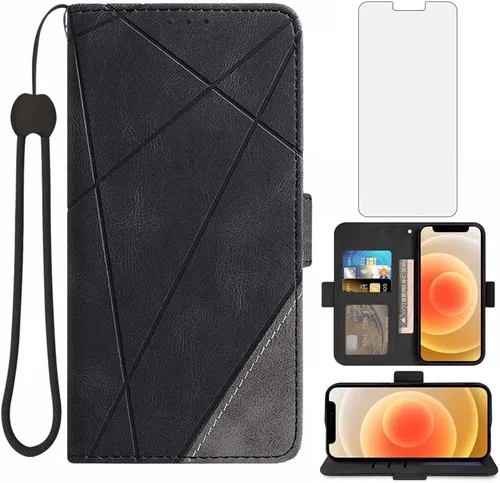Asuwish Compatible con iPhone 12 Mini 5.4 Funda tipo cartera y protector de pantalla de vidrio templado, soporte de cuero con ranura para tarjetas,