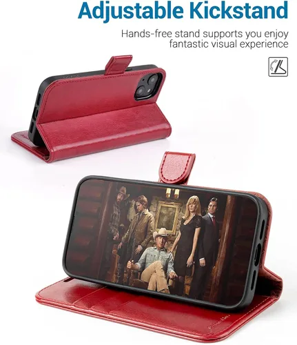 Miniatura 4 de OCASE Funda tipo cartera compatible con iPhone 13, funda tipo folio con tapa de piel sintética, con tarjetero, bloqueo RFID, soporte