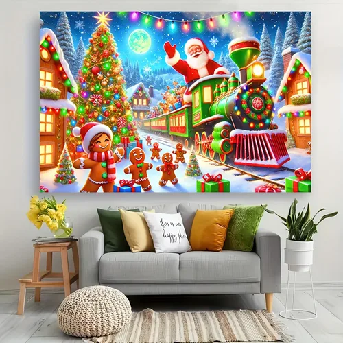Miniatura 4 de BlissYard Telón de fondo de tren de Papá Noel, 71 x 43 pulgadas, pancarta de escena de Navidad de pan de jengibre, fondo de fotos para fiestas