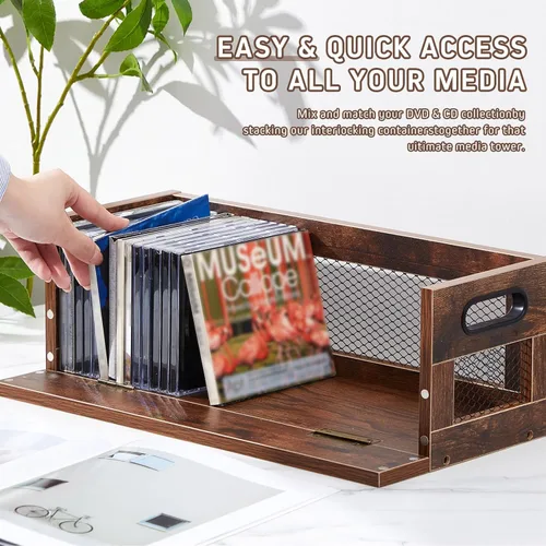 Miniatura 3 de Jetec 1 Juego Caja de Almacenamiento de CD Retro Soporte Estante Estantes de Exhibición de Metal y Madera con Asas de Transporte, Estante