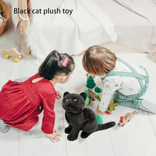 Miniatura 2 de Tiny Heart Juguete de peluche suave de imitación de gato negro de 9 pulgadas de largo, lindo y realista juguete de peluche de gato negro para niños
