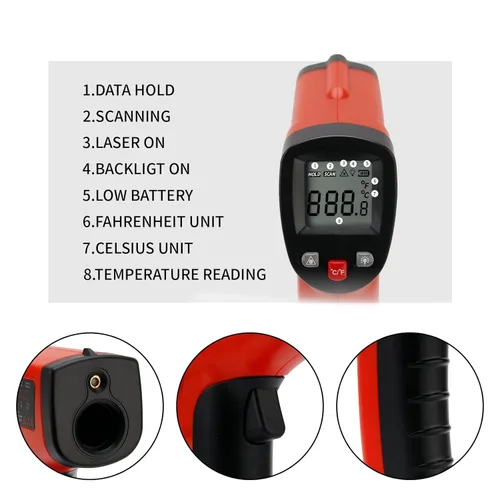 Miniatura 4 de MEASUREMAN Termómetro infrarrojo (no para humanos), pistola de temperatura de tamaño estándar, termómetro láser digital sin contacto -58°F a 1022°F
