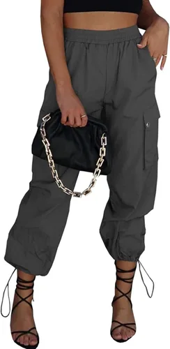 Miniatura 9 de Pantalones de paracaídas para mujer, cintura alta elástica, pantalones cargo Y2K holgados con 4 bolsillos