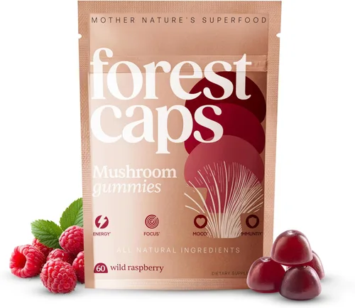 Forest Caps Gomitas de hongos – Melena de León, Reishi y Cordyceps – Enfoque, calma y energía natural – Extractos corporales frutales orgánicos –