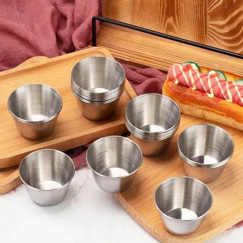Miniatura 6 de Potchen 100 tazas de metal de 2.5 onzas para salsa, tazas de condimentos de acero inoxidable a granel, tazones de inmersión redondos, recipientes
