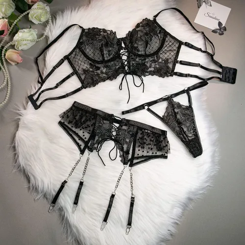 Miniatura 5 de Conjunto de lencería de 3 piezas para mujer, sexy, de malla transparente, brasier y bragas, con espalda con cordones, falda de cintura alta, liguero