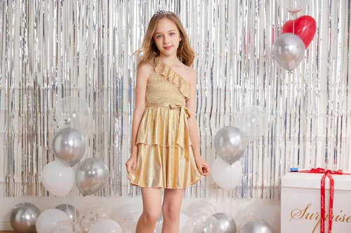 Miniatura 7 de Danna Belle Vestido de fiesta de verano para niñas, con un hombro, volantes, escalonado, ropa de regalo, tallas 5-14