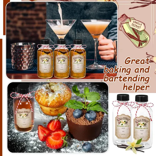 Miniatura 6 de Uiifan 8 botellas de extracto de vainilla de 4 onzas Boston redondas con tapas, botella de vidrio y 8 etiquetas de extracto de vainilla para regalo