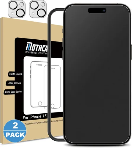 Mothca Paquete de 2 protectores de pantalla de vidrio mate para iPhone 15 [6.1 pulgadas] + 2 protectores de lente de cámara, antirreflejos y