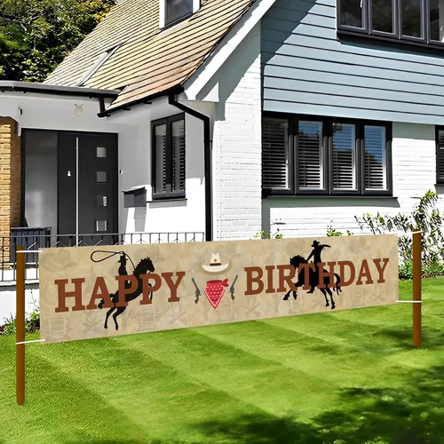 Miniatura 3 de Labakita Cartel grande de feliz cumpleaños de vaquero occidental, decoraciones de fiesta temática occidental para niños y hombres