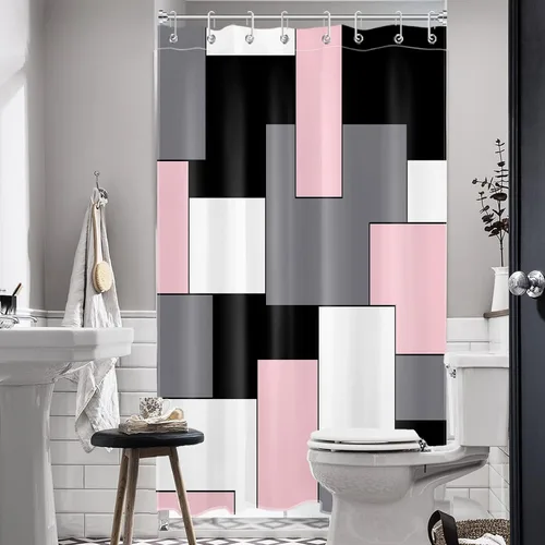 Miniatura 2 de HVEST Cortina de ducha moderna rosa con ganchos, cortina de ducha geométrica abstracta gris y blanco para baño, juego de cortina de ducha