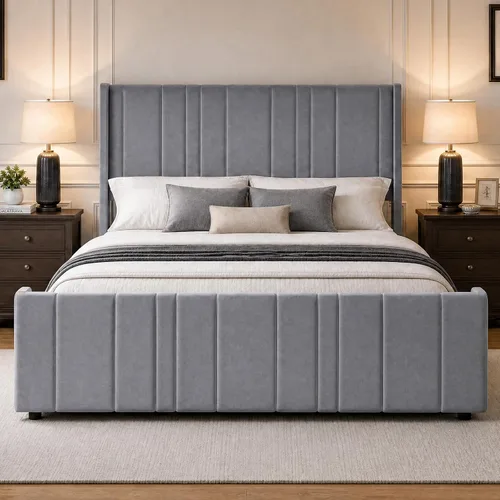 Miniatura 7 de HOMBCK Marco de cama tamaño matrimonial, plataforma tapizada en terciopelo, con cabecero y estribo de canal vertical, listones de madera, sin ruido