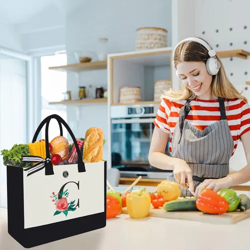 Miniatura 57 de Bolsa de lona con inicial, regalos de cumpleaños personalizados para mujeres, madres, amigas y profesoras, bolsas de mano con monograma adecuadas