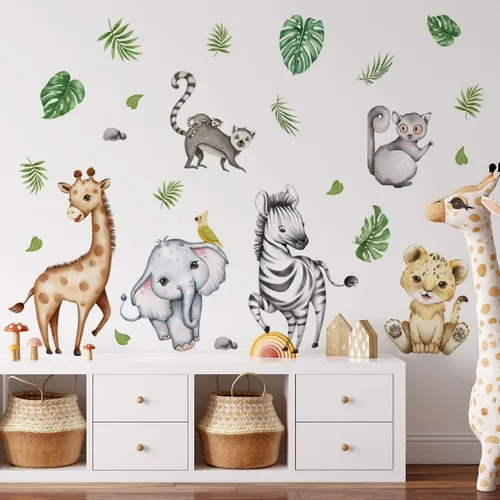 Miniatura 22 de Calcomanías de pared de animales de acuarela de 56.29 x 44.88 pulgadas, calcomanías de animales de selva, tigre, elefante, cebra, jirafa, mono