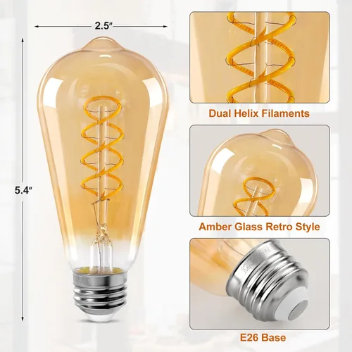 Miniatura 6 de ST64 Bombillas LED E26 Vintage Edison, vidrio ámbar, regulable, 4 W (equivalente a 40 W) 300 lúmenes, blanco ultra cálido de 2200 K, diseño