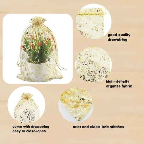 Miniatura 5 de 8 x 12 pulgadas 100 bolsas de flores de corazón con cordón de organza bolsa de regalo de joyería bolsa de dulces con cordón de regalo de boda