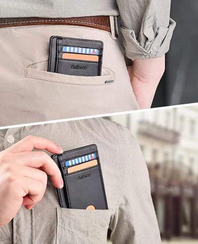 Miniatura 6 de Buffway - Billetera delgada minimalista de cuero con protección RFID para hombre y mujer