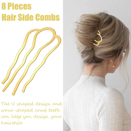Miniatura 3 de 8 piezas peines laterales para el cabello, clips de horquilla de metal, horquillas para moños, palillos de pelo en forma de U para mujeres