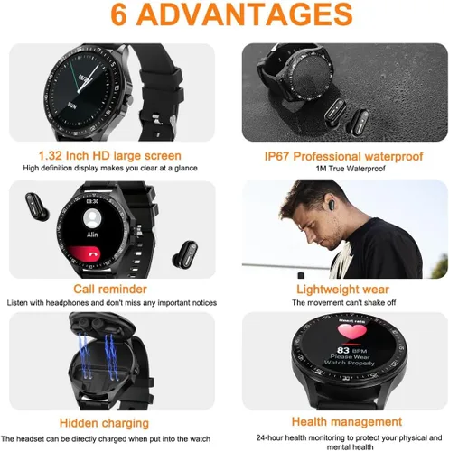 Miniatura 3 de Reloj inteligente con auriculares, 10 reloj de fitness redondo de 1.32 pulgadas, reloj Bluetooth 2 en 1 con paso, calorías, monitor de sueño