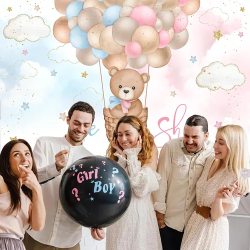 Miniatura 4 de Mocsicka Fondo de globo aerostático de oso rosa o azul, oso rosa o azul, para revelar el género, We Can Bearly Wait Gender Reveal Party Cake Table