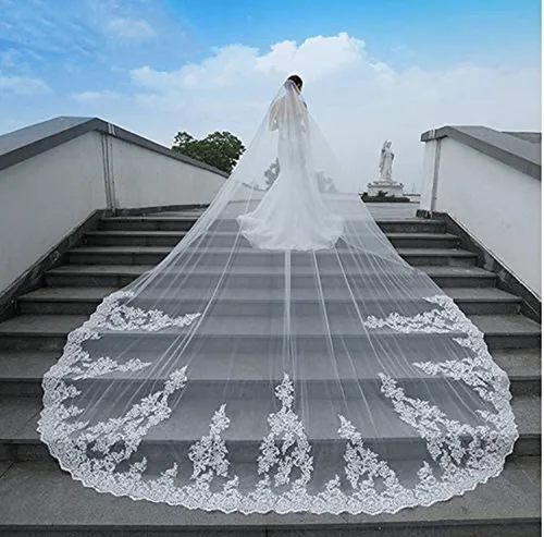 Miniatura 2 de FIXRIMCH Velo de novia bordado de encaje con borde de encaje con peine longitud de catedral blanco