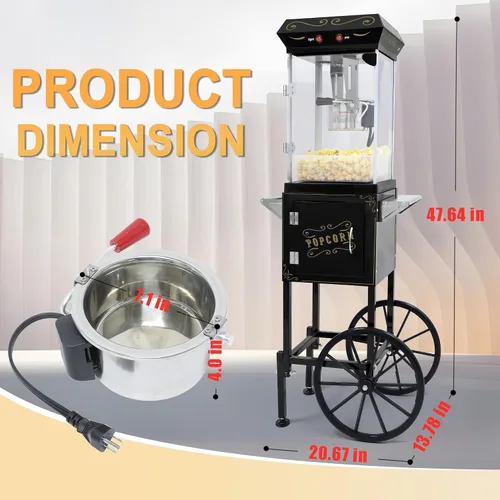 Miniatura 8 de Máquina de palomitas de maíz con carrito y ruedas, máquina para hacer palomitas de maíz con hervidor de acero inoxidable de 8 onzas, máquina de maíz