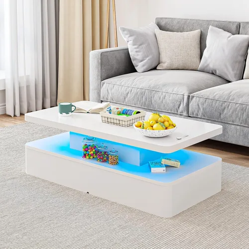 Miniatura 11 de oneinmil Mesa de centro LED moderna, mesas de sala de estar de 40 pulgadas con luces LED de 16 colores, diseño de doble capa, elegantes mesas