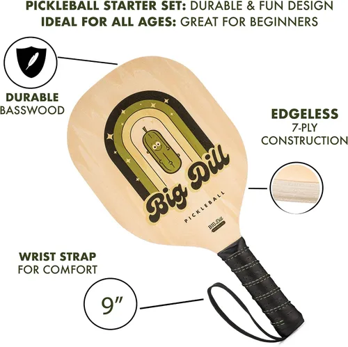 Miniatura 6 de Big Dill Pickleball Juego de 4 raquetas de madera y bolas de pepinillo - Kit de pickleball para principiantes con bolas y bolsa de transporte