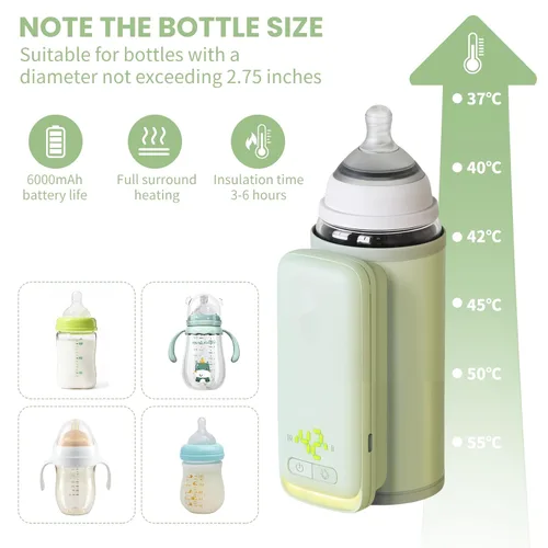 Miniatura 3 de Calentador de botellas aislado portátil, calentador de bebé sin agua, 6000 mAh y control de temperatura de 6 niveles, con una pequeña luz de altura
