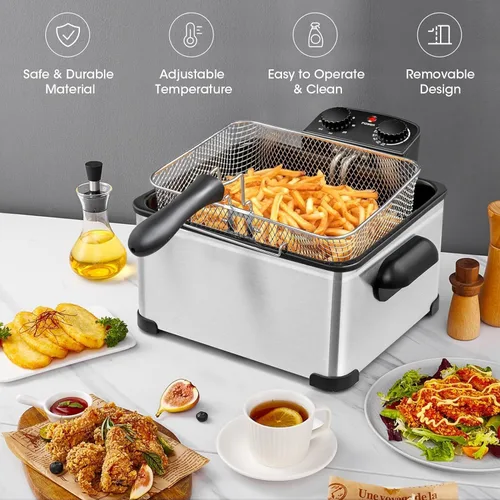 Miniatura 2 de ARLIME Freidora eléctrica con canasta, freidora comercial de 5.3 cuartos de galón con temperatura ajustable, temporizador, tapa extraíble