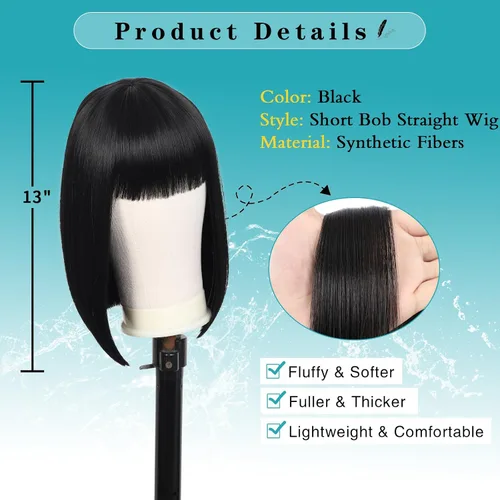 Miniatura 3 de Kalyss - Pelucas cortas de cabello negro con flequillo para mujer, peluca de cabello sintético completo, resistente al calor, peluca corta y recta
