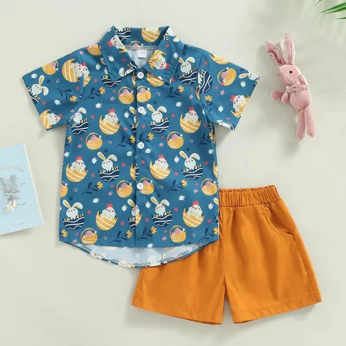Miniatura 16 de Conjunto de 2 piezas de camiseta de manga corta con botones y pantalones cortos sólidos para bebé niño