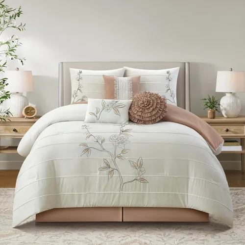 Miniatura 9 de Grand Avenue Juego de edredón de 7 piezas, tamaño California King, edredón con estampado floral, juego de ropa de cama suave a la moda, falda