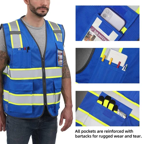 Miniatura 3 de Dib Safety Chaleco de malla reflectante de alta visibilidad en dos tonos con bolsillos y cremallera, malla azul con ribete amarillo, L Azul