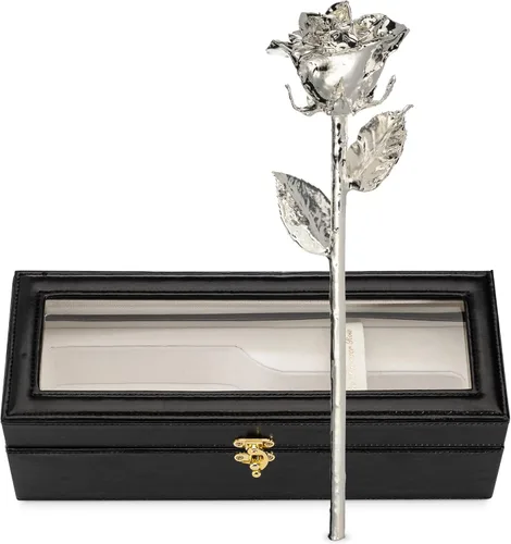 Forever Rose Rosa real bañada en plata, rosa preservada hecha a mano en piel de lujo con luz LED, regalo romántico y elegante para ella, Funda de