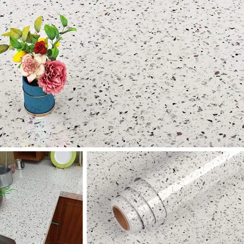 Livelynine Papel de contacto de terrazo blanco con aspecto de granito, impermeable, para despegar y pegar, encimeras para cocina y baño, cubiertas