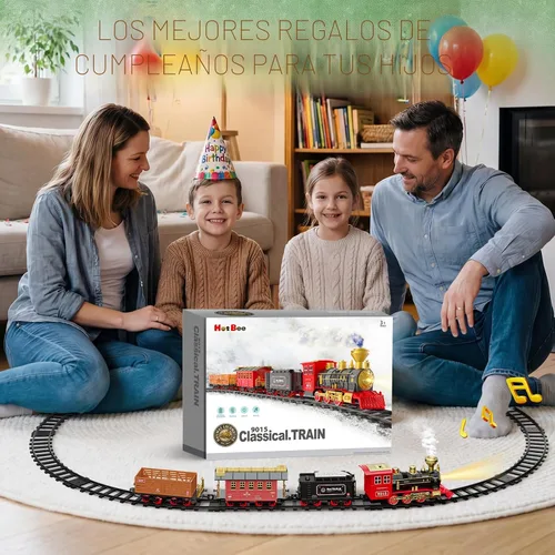 Miniatura 7 de Hot Bee Juego de tren – Juguetes de tren para niños con humo, luces y sonido, pistas, tren de juguete con locomotora de vapor, coches de carga