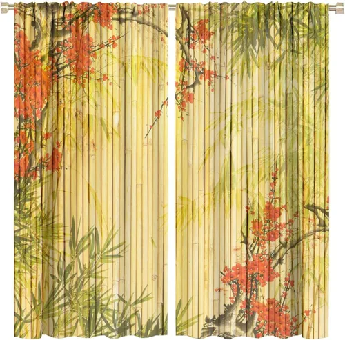 Miniatura 70 de Cortinas con estampado de bambú, tallos y hojas de bambú, temática oriental natural, oscurecimiento de habitación, ventana, ventana, cortina