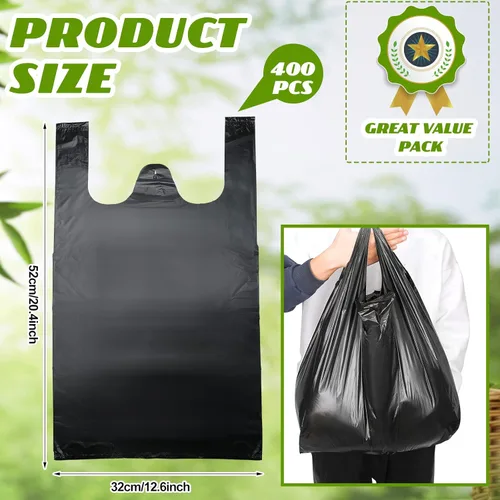 Miniatura 2 de Kisston 400 bolsas de plástico tipo camiseta de tamaño jumbo con asas, 35 micras, bolsas de plástico lisas para comestibles tamaño XX grande, Negro