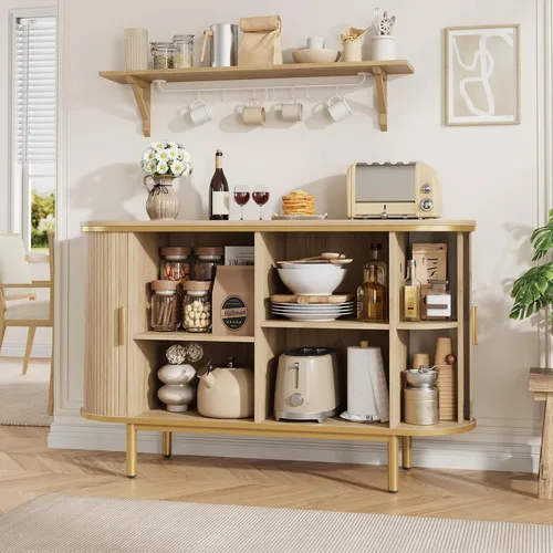 Miniatura 7 de QUW Mesa consola con puertas correderas de tambor, soporte de TV de mediados de siglo de 47 pulgadas con almacenamiento y estantes abiertos Nogal