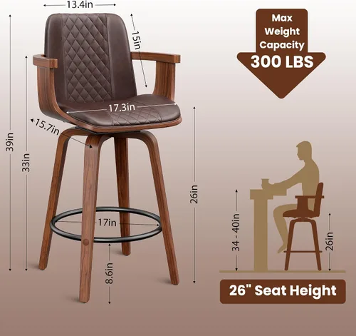 Miniatura 2 de YaFiti - Taburetes de bar giratorios, taburetes de bar tapizados de 26" de altura de mostrador con patas de madera y respaldos, sillas de bar de PU