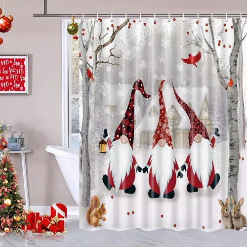 Miniatura 7 de Christmas Shower Curtain Gnome Winter Shower Curtain Snowy Forest Birth Tree with Cute Fun Gnome Bath Curtain Xmas New Year Bathroom Decor Bathroom