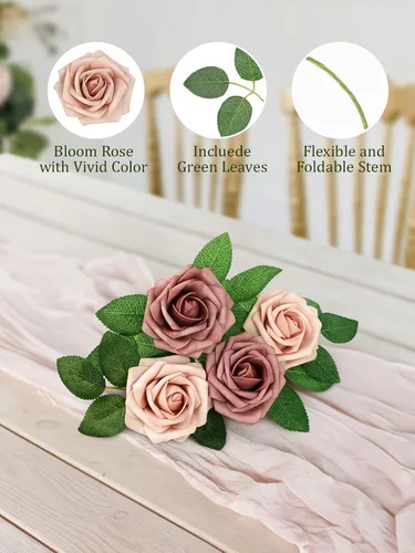Miniatura 7 de MACTING Rosas artificiales de tacto real con tallo, 30 rosas de espuma para bricolaje, ramo de boda, centros de mesa, centros de mesa, fiestas, Gris