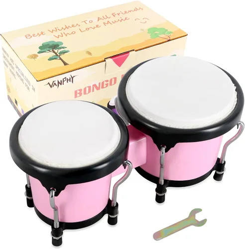 Miniatura 12 de Juego de Bongós de 4'' y 5'' para Adultos Principiantes, Bongós Naturales Afinables, Instrumentos de Percusión con Llave de Afinación y Caja