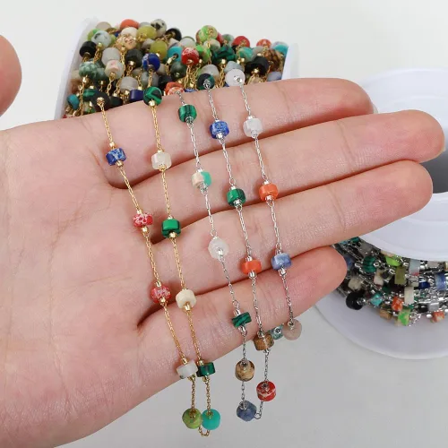 Miniatura 6 de GIOTEL Cadena de cuentas de piedra natural de acero inoxidable de 3.3 ft para pulseras hechas a mano, collares, collares, materiales de fabricación