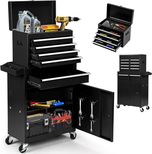 Caja de herramientas con ruedas de 5 cajones, caja de herramientas con cerradura 2 en 1 con ruedas, cajones deslizantes y parte superior Negro