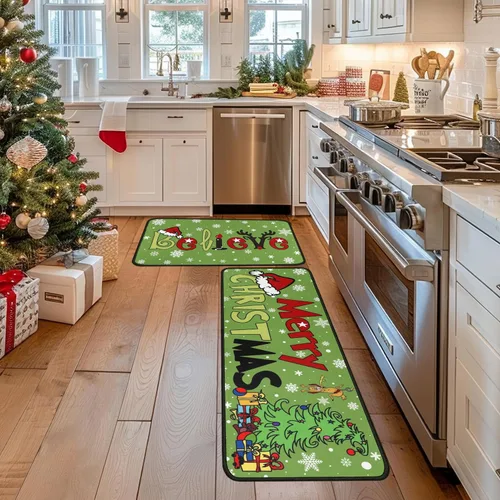 Miniatura 2 de Juego de 2 alfombras de cocina de Feliz Navidad, tapetes de cocina del Grinch para el suelo, decoración de cocina de Navidad, decoraciones festivas
