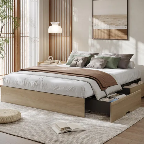 Miniatura 18 de GarveeHome - Marco de cama de plataforma de madera tamaño matrimonial, marco de cama de madera sin cabecero, soporte de listones de madera,